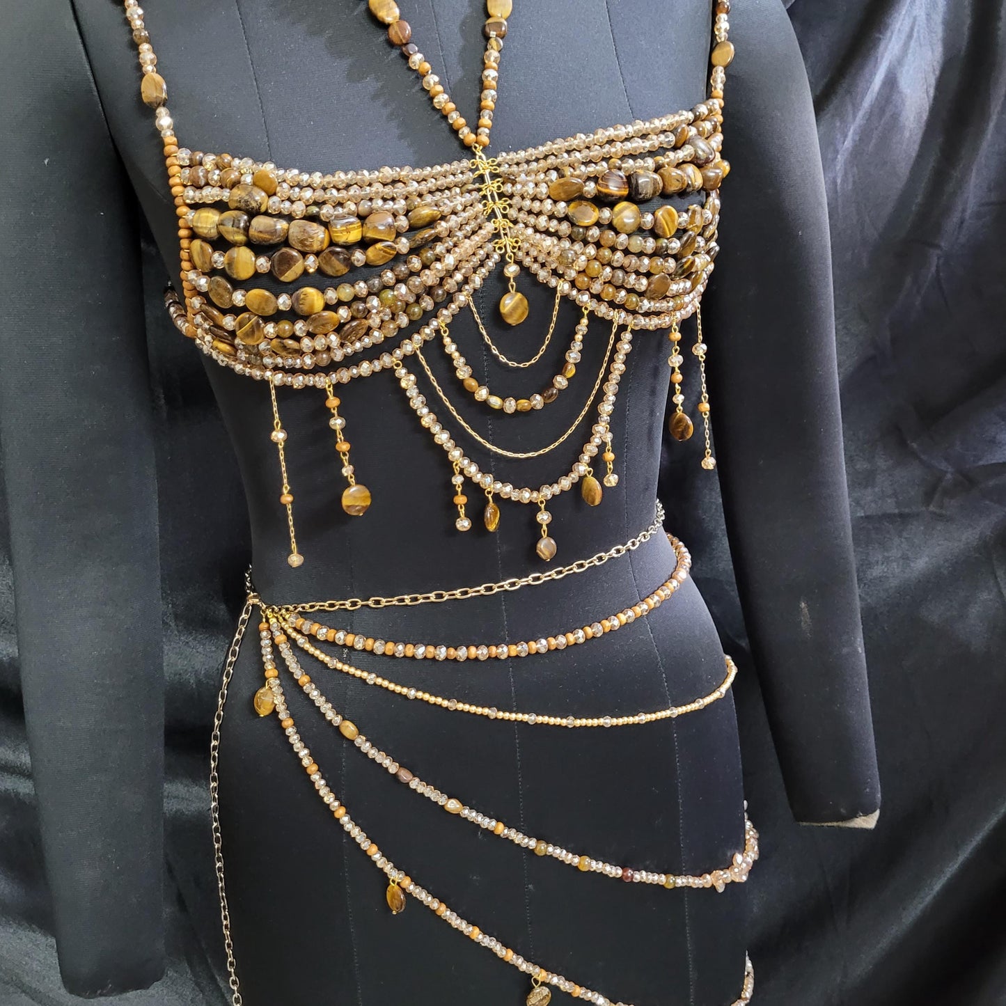 Tiger Eye Beaded Bralette & Skirt Set – Luxury Goddess Festival Outfit, Handmade Gemstone Body Jewelry, Statement Burning Man Rave Wear
