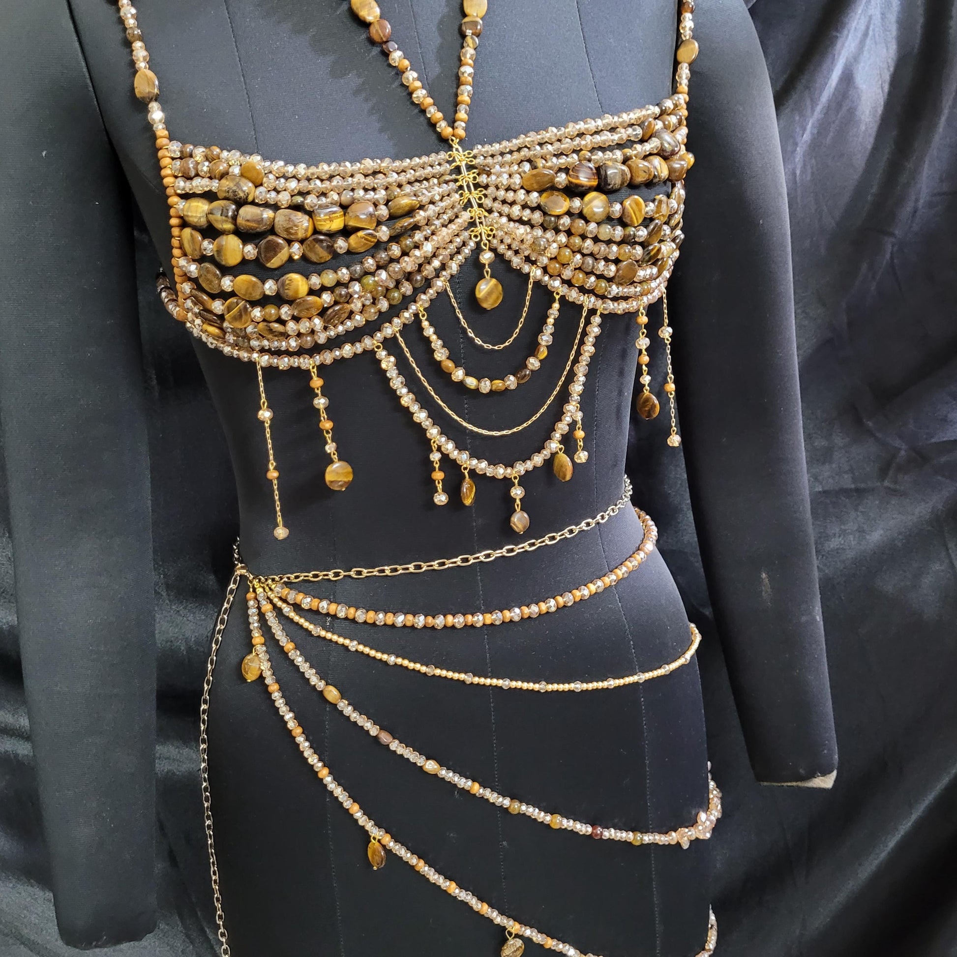 Tiger Eye Beaded Bralette & Skirt Set – Luxury Goddess Festival Outfit, Handmade Gemstone Body Jewelry, Statement Burning Man Rave Wear