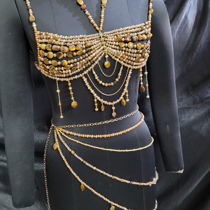 Tiger Eye Beaded Bralette & Skirt Set – Luxury Goddess Festival Outfit, Handmade Gemstone Body Jewelry, Statement Burning Man Rave Wear