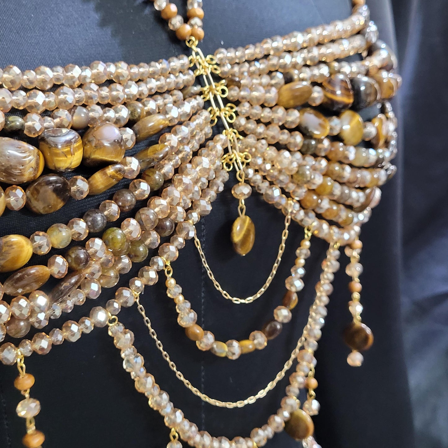 Tiger Eye Beaded Bralette & Skirt Set – Luxury Goddess Festival Outfit, Handmade Gemstone Body Jewelry, Statement Burning Man Rave Wear