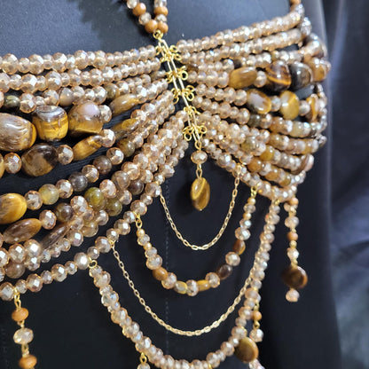 Tiger Eye Beaded Bralette & Skirt Set – Luxury Goddess Festival Outfit, Handmade Gemstone Body Jewelry, Statement Burning Man Rave Wear