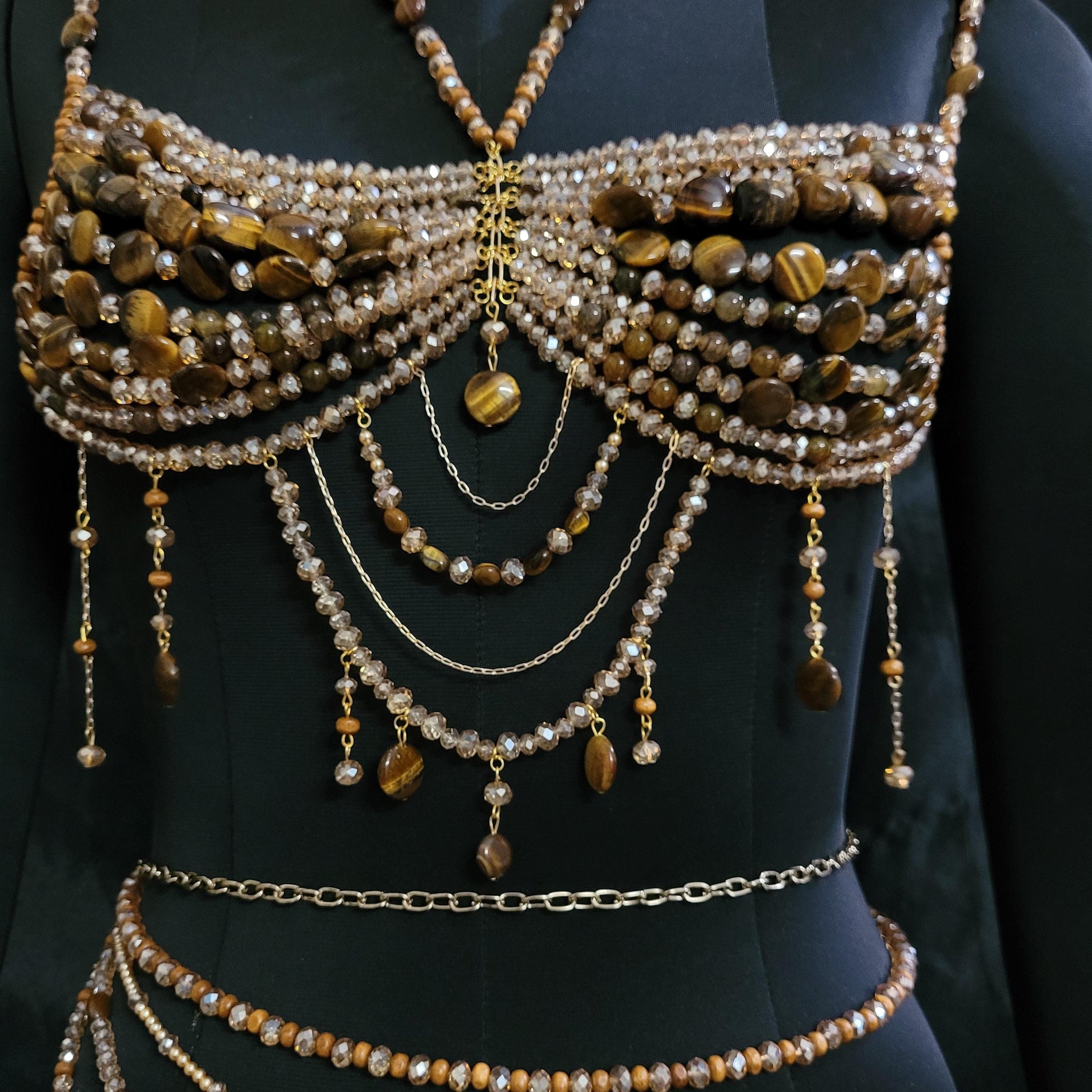 Tiger Eye Beaded Bralette & Skirt Set – Luxury Goddess Festival Outfit, Handmade Gemstone Body Jewelry, Statement Burning Man Rave Wear