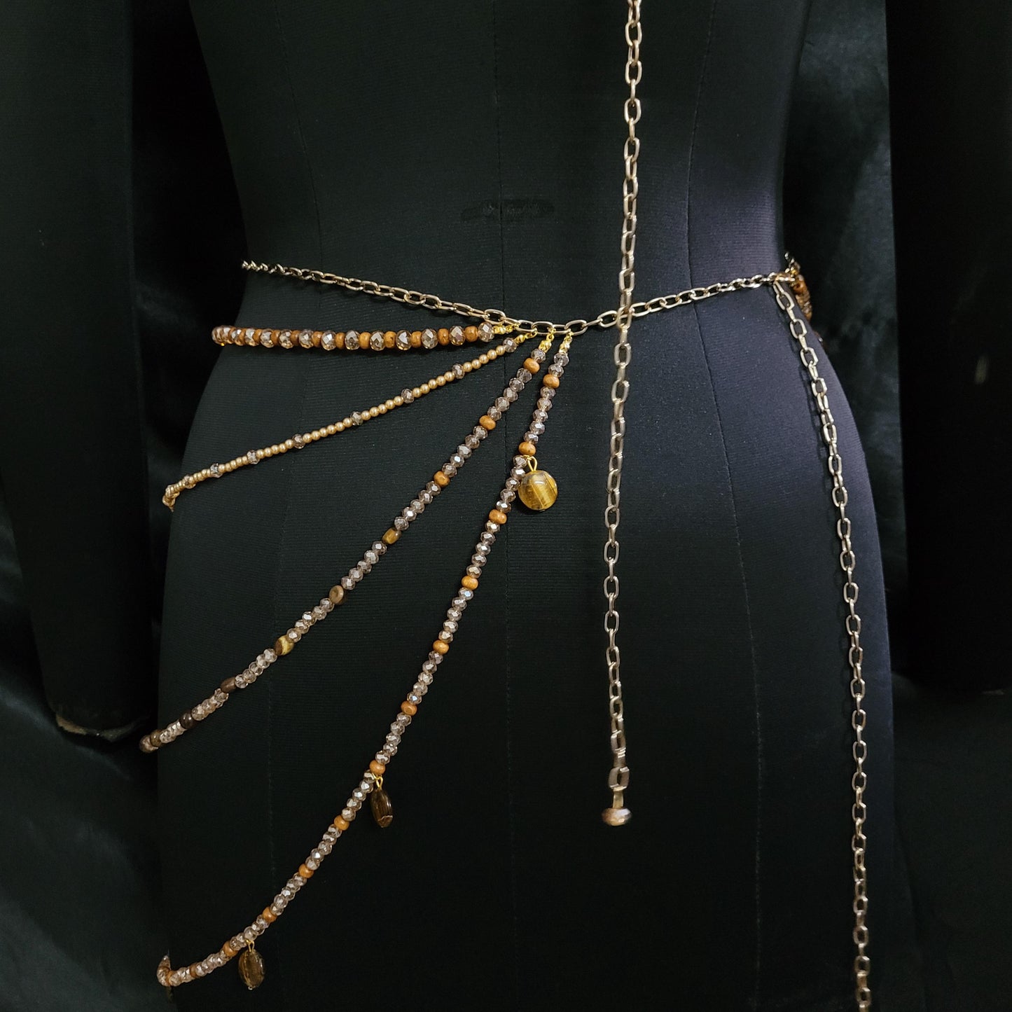 Tiger Eye Beaded Bralette & Skirt Set – Luxury Goddess Festival Outfit, Handmade Gemstone Body Jewelry, Statement Burning Man Rave Wear