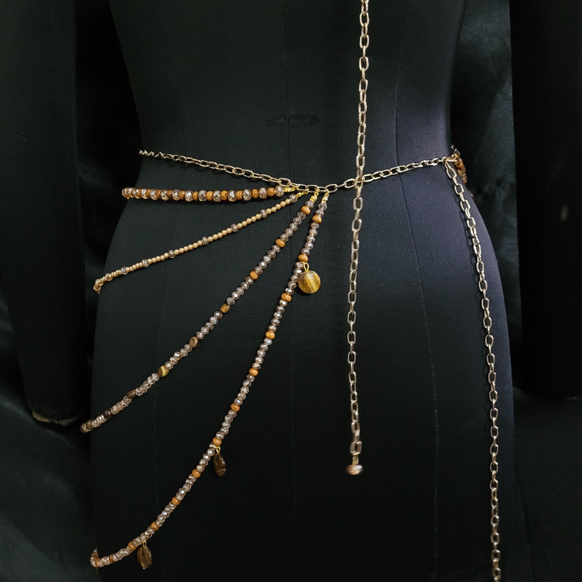 Tiger Eye Beaded Bralette & Skirt Set – Luxury Goddess Festival Outfit, Handmade Gemstone Body Jewelry, Statement Burning Man Rave Wear