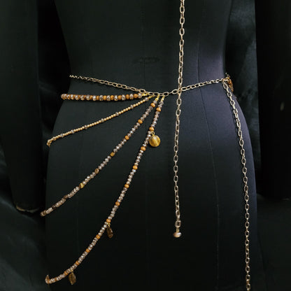 Tiger Eye Beaded Bralette & Skirt Set – Luxury Goddess Festival Outfit, Handmade Gemstone Body Jewelry, Statement Burning Man Rave Wear