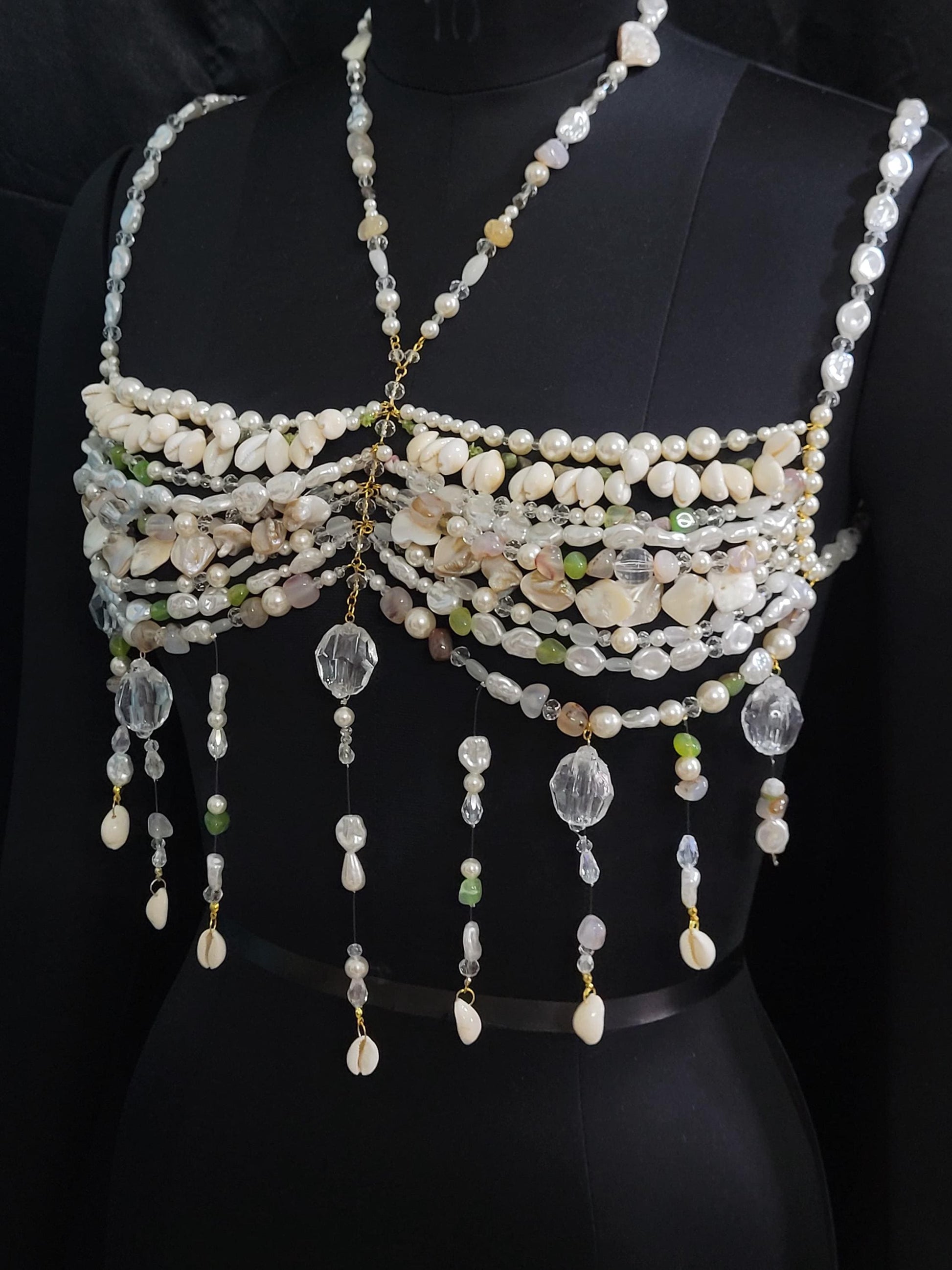Valentine Gift for Her – Luxury Pearl & Gemstone Bralette Body Chain, Romantic Mermaid Core Jewelry, Handmade Love Gift