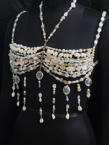 Valentine Gift for Her – Luxury Pearl & Gemstone Bralette Body Chain, Romantic Mermaid Core Jewelry, Handmade Love Gift