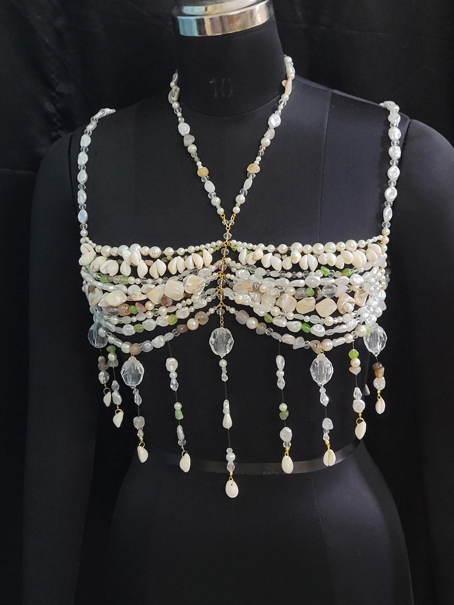 Valentine Gift for Her – Luxury Pearl & Gemstone Bralette Body Chain, Romantic Mermaid Core Jewelry, Handmade Love Gift