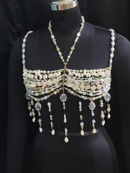 Valentine Gift for Her – Luxury Pearl & Gemstone Bralette Body Chain, Romantic Mermaid Core Jewelry, Handmade Love Gift