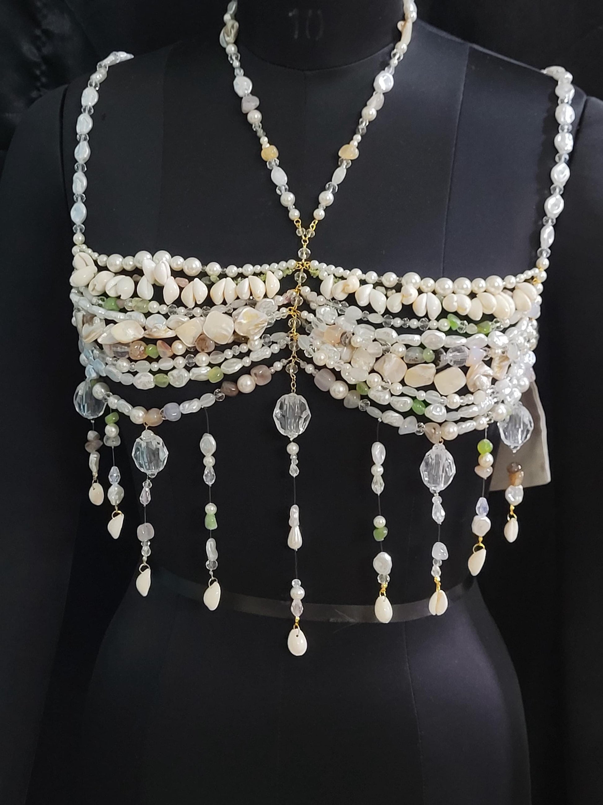 Valentine Gift for Her – Luxury Pearl & Gemstone Bralette Body Chain, Romantic Mermaid Core Jewelry, Handmade Love Gift