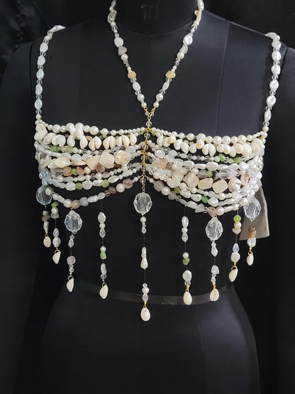 Valentine Gift for Her – Luxury Pearl & Gemstone Bralette Body Chain, Romantic Mermaid Core Jewelry, Handmade Love Gift