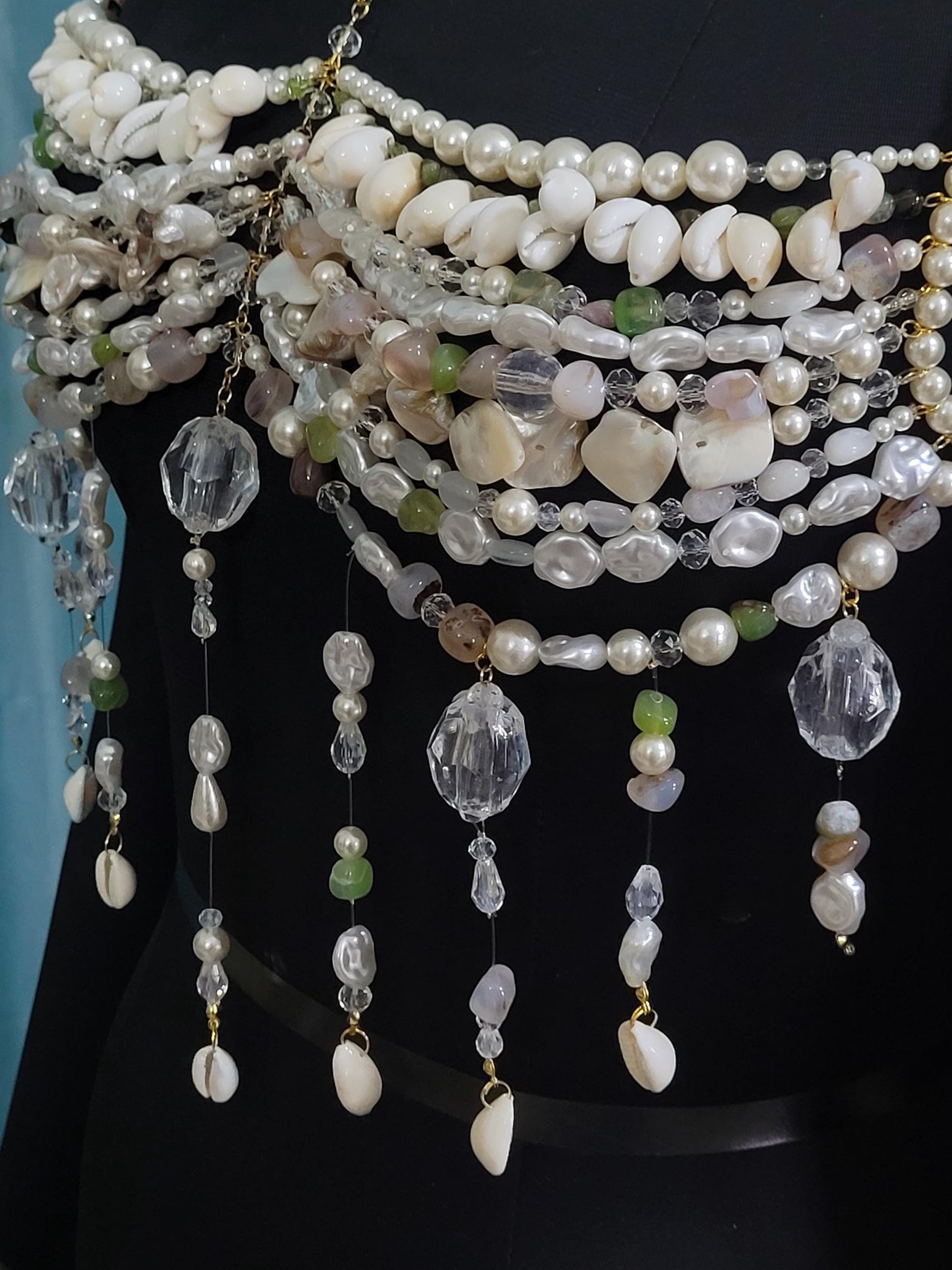 Valentine Gift for Her – Luxury Pearl & Gemstone Bralette Body Chain, Romantic Mermaid Core Jewelry, Handmade Love Gift