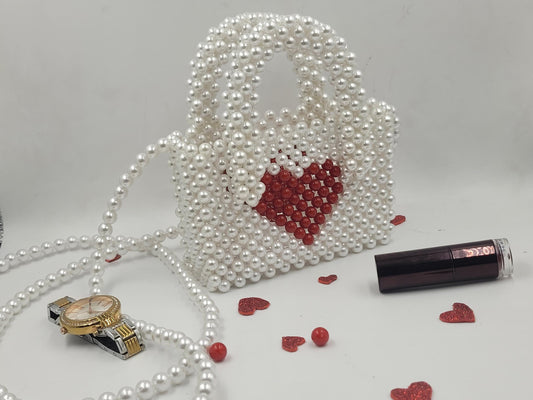 Valentine's Day Gift Bag for Her, Pearl Beaded Bag, Bridesmaid Gift for Women, Evening Bag, Galentine Gift for Friends, Red Heart Mini Bag