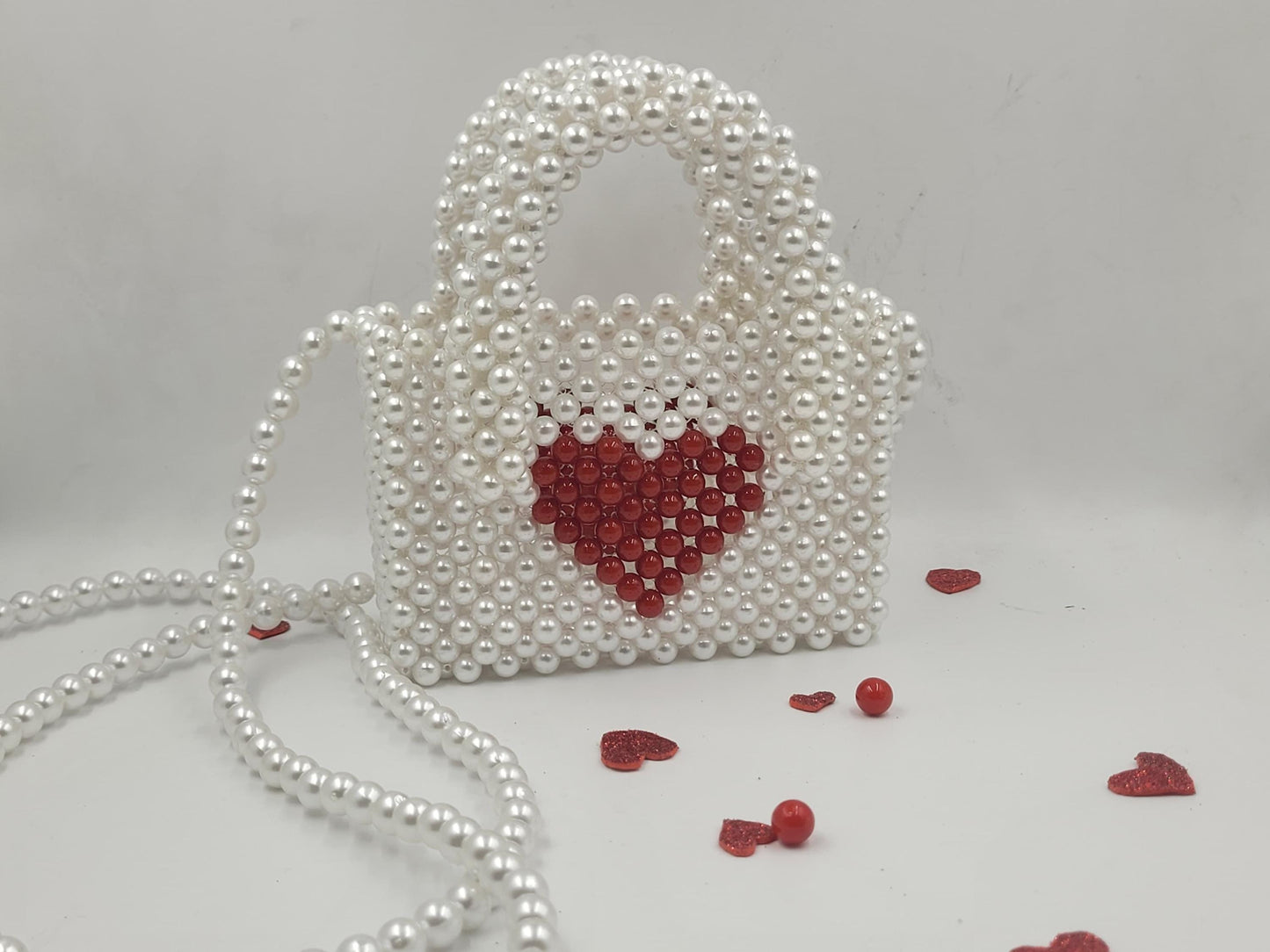 Valentine's Day Gift Bag for Her, Pearl Beaded Bag, Bridesmaid Gift for Women, Evening Bag, Galentine Gift for Friends, Red Heart Mini Bag