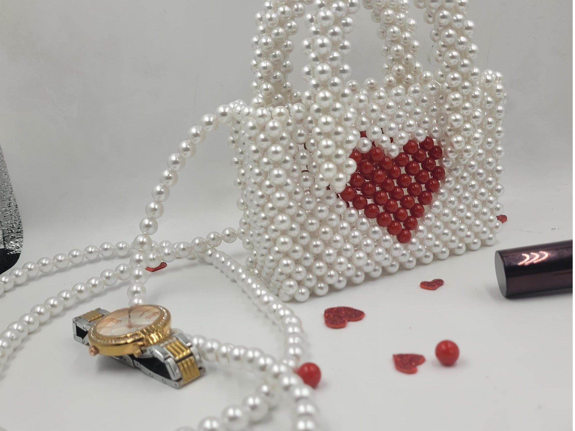 Valentine's Day Gift Bag for Her, Pearl Beaded Bag, Bridesmaid Gift for Women, Evening Bag, Galentine Gift for Friends, Red Heart Mini Bag