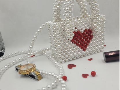 Valentine's Day Gift Bag for Her, Pearl Beaded Bag, Bridesmaid Gift for Women, Evening Bag, Galentine Gift for Friends, Red Heart Mini Bag