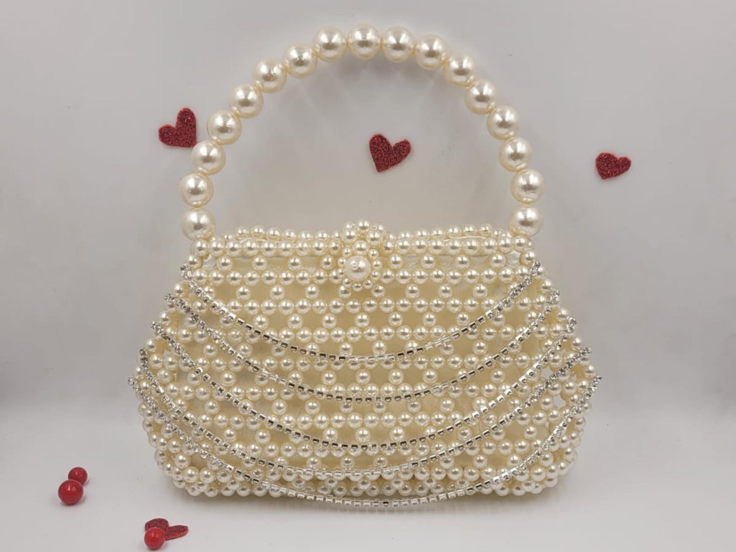 White Pearl Beaded Heart Bag – Handmade Shoulder Purse | Romantic Heart Clutch for Weddings & Dates | Elegant Bead Handbag Gift