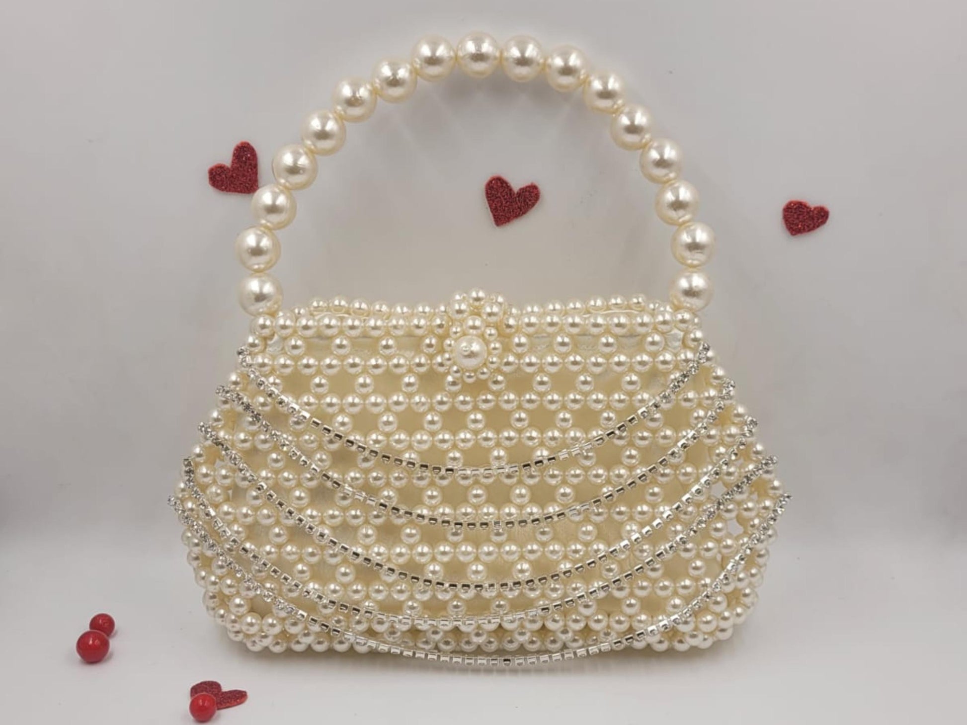 White Pearl Beaded Heart Bag – Handmade Shoulder Purse | Romantic Heart Clutch for Weddings & Dates | Elegant Bead Handbag Gift