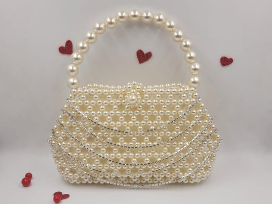 White Pearl Beaded Heart Bag – Handmade Shoulder Purse | Romantic Heart Clutch for Weddings & Dates | Elegant Bead Handbag Gift