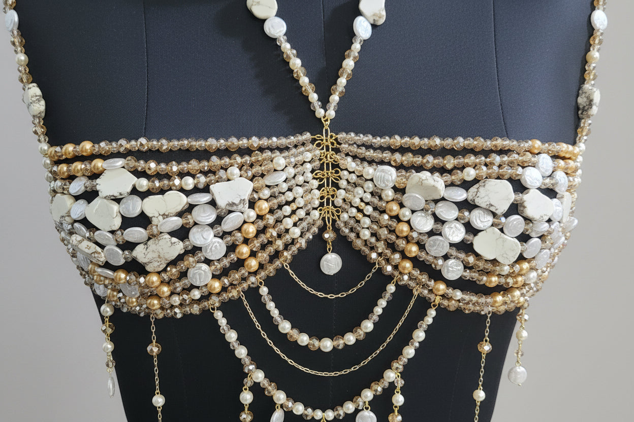 Closeup of golden crystal and white pearls showing handmade craftsmanship of pearl bralette