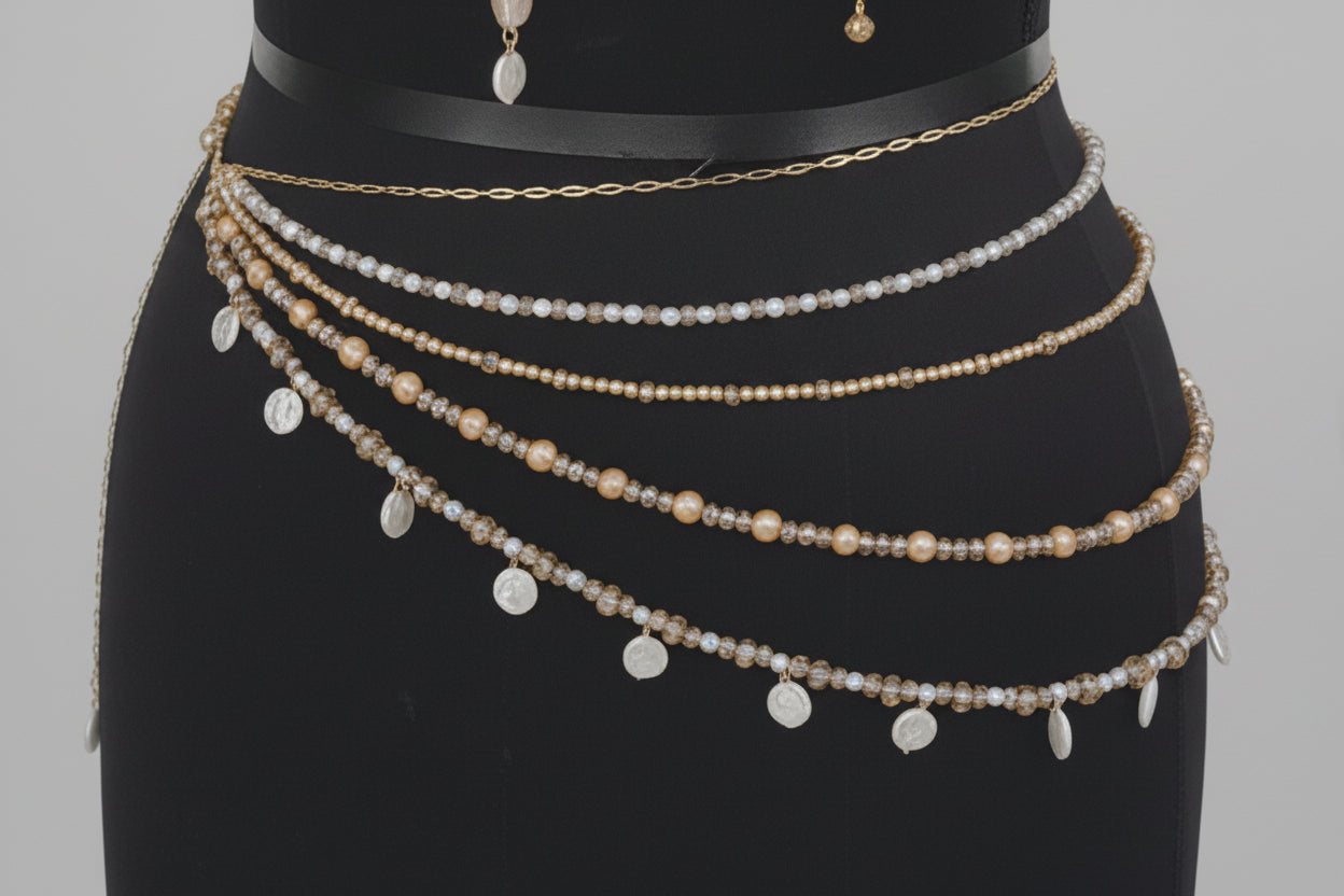 Mannequin wearing a pearl and gold crystal chain belt with matching bralette