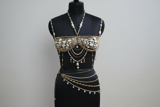 Golden white crystal bralette on mannequin front view handmade festival and photoshoot top