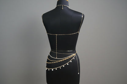 backside of a beaded bralette with adjustable fit and matching skirt bottom